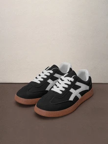 Hatastic New Casual Sports Shoes, Fashion Versatile Suede-Like Lace-Up Sneakers For Female Students Back To School - Black - View 1