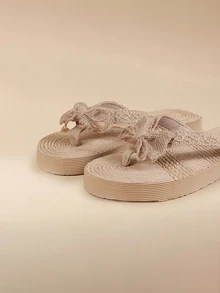 Glizzene Women Khaki Bow Decor Flip Flops, Toe Post Slippers For Vacation,Beach Outfits - Khaki - View 5
