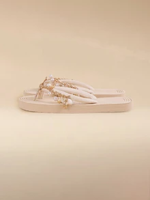 Glizzene Cordones de zapatos decorados con conchas naturales y estrellas de mar con rhinestones, diseño trenzado de sandalias planas casuales para la playa, adecuadas para el verano, las vacaciones y los viajes, chanclas planas con relieve, cómodas, suaves y antideslizantes para mujeres - Beis - Ver 4