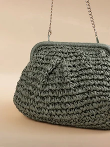 Glizzene Bolso cruzado de mujer de verano tejido con borla y cadena, bolso de playa de paja tejida para el hombro, billetera hecha a mano, 1 pieza de bolso de embrague tejido color beige claro, bolso de playa, ideal para vacaciones de verano, opción de moda para damas - Verde - Ver 5