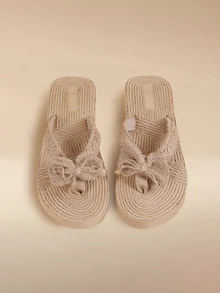 Glizzene Women Khaki Bow Decor Flip Flops, Toe Post Slippers For Vacation,Beach Outfits - Khaki - View 2