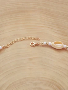 Glizzene 2 piezas Collar multicapa bohemio con cuentas y colgante de concha para mujeres - Blanco - Ver 4