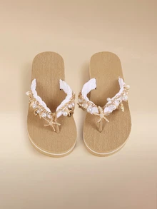 Glizzene Handmade Natural Shell & Starfish Rhinestone Decorated Belt, Woven Design Casual Beach Sandals 3cm Thick Sole Contrast Color Flip Flops - Beige and White/Contrast - View 1