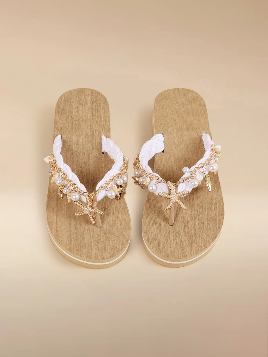 Glizzene Handmade Natural Shell & Starfish Rhinestone Decorated Belt, Woven Design Casual Beach Sandals 3cm Thick Sole Contrast Color Flip Flops - Beige and White/Contrast - View 1