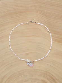 Glizzene 1 pieza Collar con cuentas de concha rosa, estrella de mar y concha marina - Blanco - Ver 1