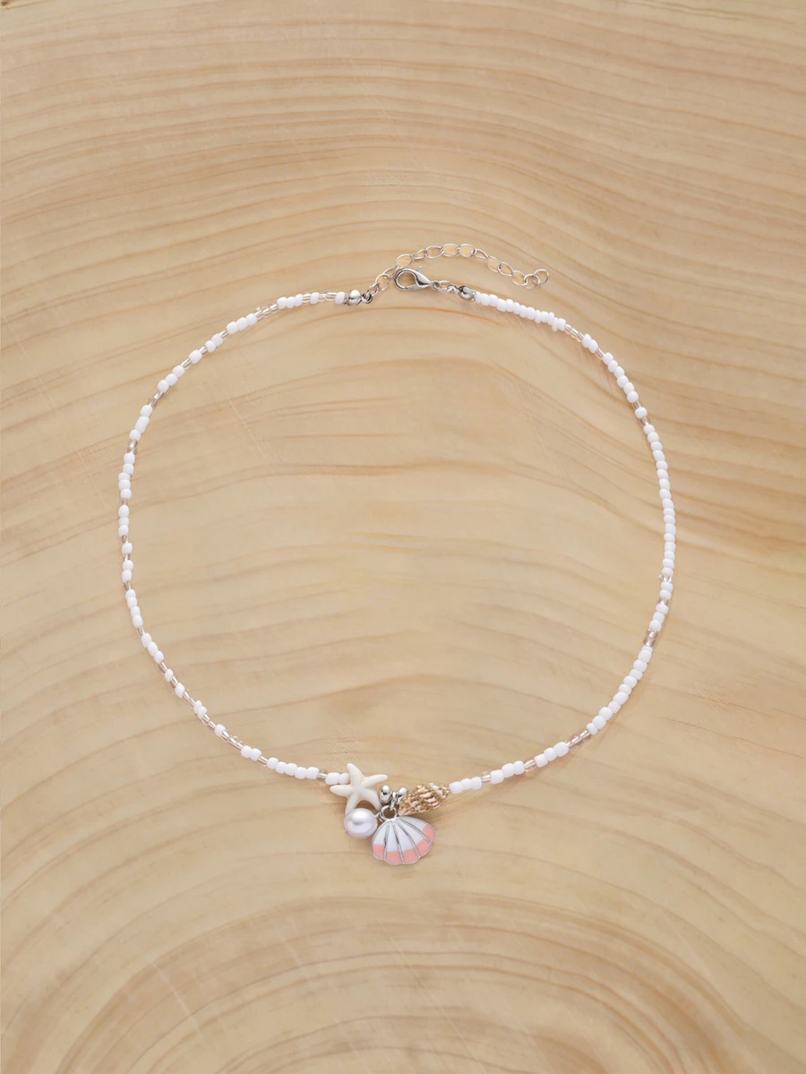 Glizzene 1 pieza Collar con cuentas de concha rosa, estrella de mar y concha marina - Blanco - Ver 1
