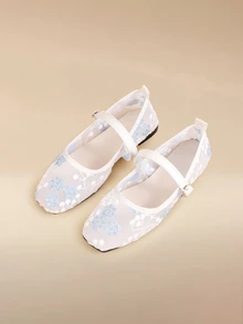 Glizzene Summer New Fashion Versatile Mary Jane Flats, White Base Mesh-Money Tree-Blue Flower Mesh Hollow Breathable Women Casual Slip-On Shoes - White Mesh-money Tree-blue Flowers - View 1