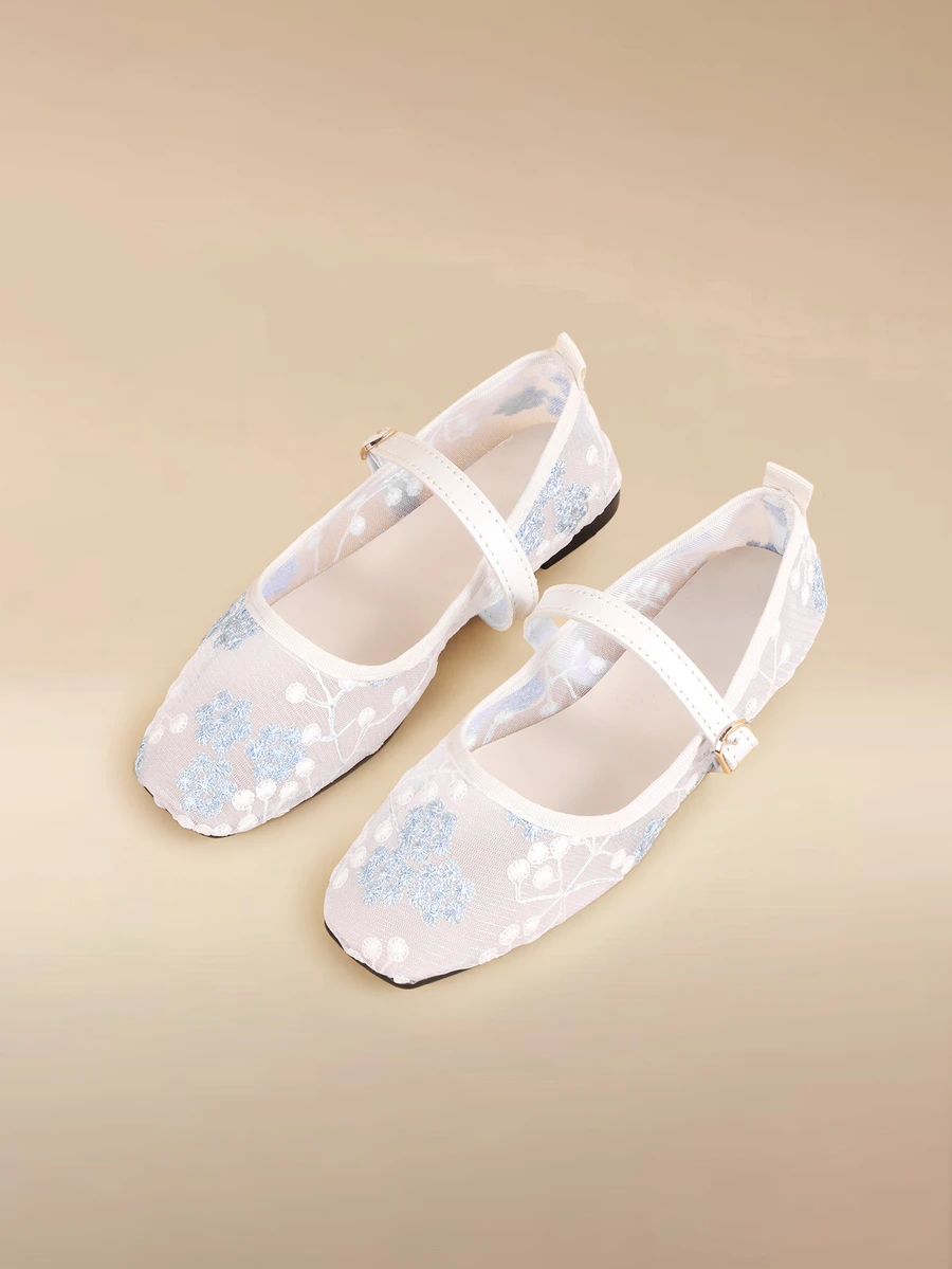 Glizzene Summer New Fashion Versatile Mary Jane Flats, White Base Mesh-Money Tree-Blue Flower Mesh Hollow Breathable Women Casual Slip-On Shoes - White Mesh-money Tree-blue Flowers - View 1