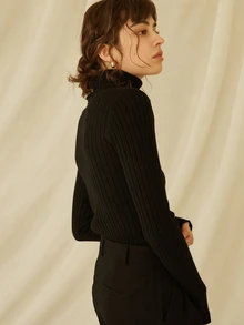 Knit Mix 優雅女款秋冬時尚休閒法式風針織高領長袖套頭毛衣上衣返校襯衫 - 黑色 - 查看 2