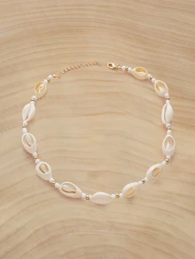 Glizzene 2 piezas Collar multicapa bohemio con cuentas y colgante de concha para mujeres - Blanco - Ver 5
