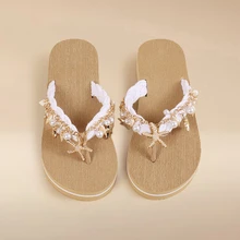 Glizzene Handmade Natural Shell & Starfish Rhinestone Decorated Belt, Woven Design Casual Beach Sandals 3cm Thick Sole Contrast Color Flip Flops - Beige and White/Contrast - View 2