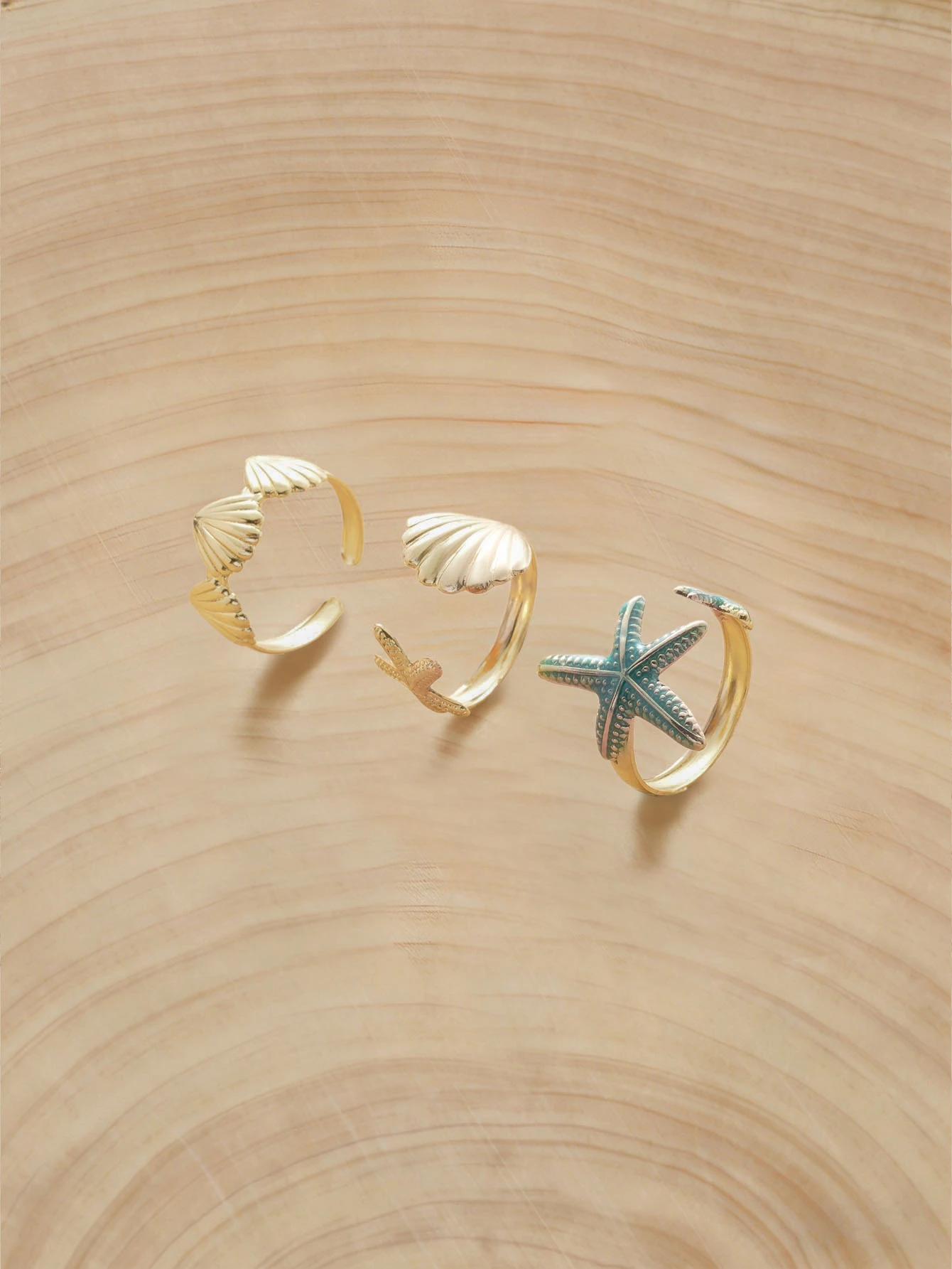 Glizzene Set de anillos con forma de estrella de mar y conchas de mar de estilo marino en azul - Vida marina - Ver 1