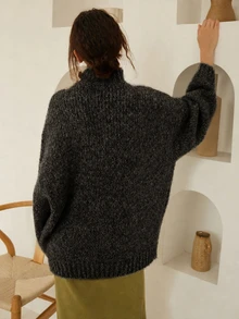 Knit Mix 优雅女士加厚针织法式高领长袖毛衣，低调复古硬币图案套头衫，适合秋冬季、圣诞节、感恩节、新年等节日穿着，时尚休闲日常穿着，返校季必备 - 黑色 - 查看 3