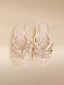 Glizzene Cordones de zapatos decorados con conchas naturales y estrellas de mar con rhinestones, diseño trenzado de sandalias planas casuales para la playa, adecuadas para el verano, las vacaciones y los viajes, chanclas planas con relieve, cómodas, suaves y antideslizantes para mujeres - Beis - Ver 2