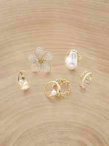 Glizzene 6pcs/Set Baroque Style Drip Oil Flower & Pearl Decor, Heart Embracing, Double Layer Chain Rings Set For Women - Gold - View 1