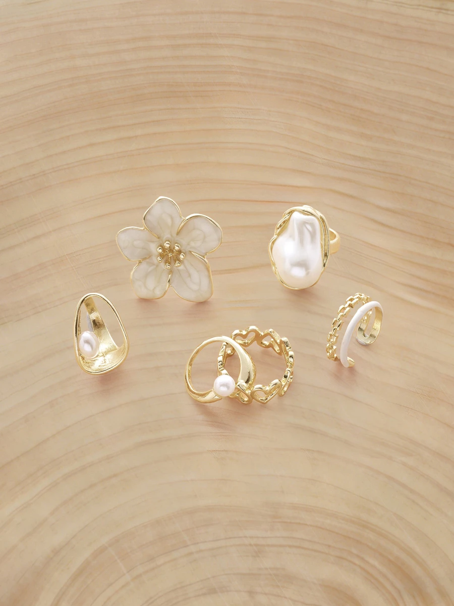 Glizzene 6pcs/Set Baroque Style Drip Oil Flower & Pearl Decor, Heart Embracing, Double Layer Chain Rings Set For Women - Gold - View 1