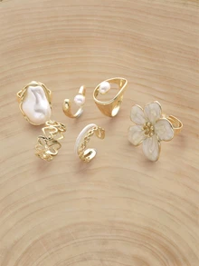 Glizzene 6pcs/Set Baroque Style Drip Oil Flower & Pearl Decor, Heart Embracing, Double Layer Chain Rings Set For Women - Gold - View 4