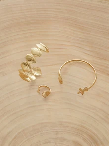 Glizzene 1 Set Fashionable Minimalist Ocean Style Starfish & Shell Adjustable Bracelet & Ring Jewelry Set, Gift For Women Holiday Travel - Yellow Gold - View 5
