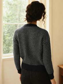 Knit Mix 優雅女款秋冬法式時尚日常居家休閒通勤針織圖案圓領長袖套頭毛衣上衣 - 黑色 - 查看 2