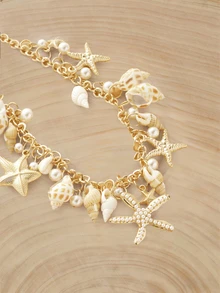 Glizzene 1 pieza Collar con cuentas de conchas marinas de estilo bohemio, collar de vacaciones para mujeres y niñas, accesorio casual para fiesta en la playa, collar con perlas y conchas de moda - Multicolor - Ver 4