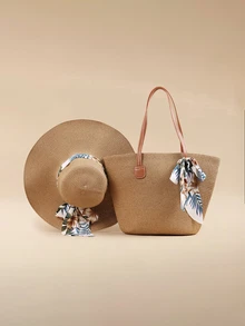 Glizzene 1pc Women's Boho Tropical Plants Printed Hat + 1pc Matching Handbag, For Holiday/Vacation - Khaki - View 1