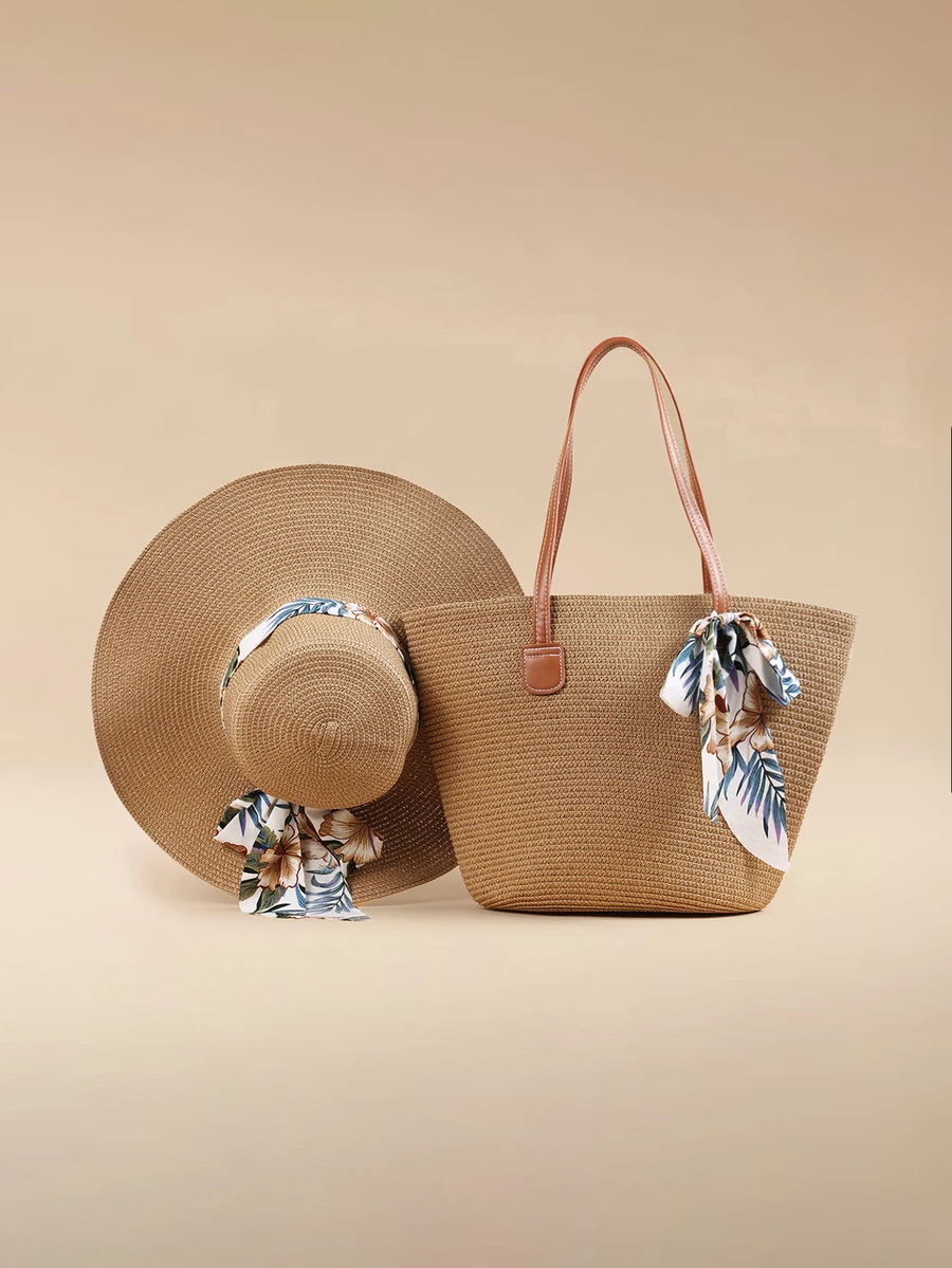 Glizzene 1pc Women's Boho Tropical Plants Printed Hat + 1pc Matching Handbag, For Holiday/Vacation - Khaki - View 1