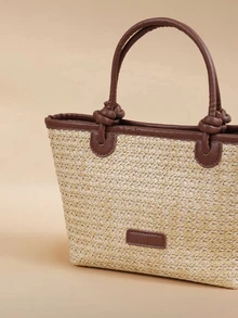 Glizzene Summer Vacation Beach Style Woven Bag Handheld And Crossbody Bag, Rope Knot Basket Bag With Woven Pattern - Apricot - View 5