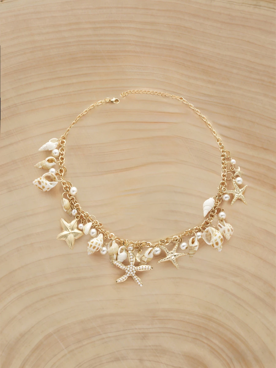 Glizzene 1 pieza Collar con cuentas de conchas marinas de estilo bohemio, collar de vacaciones para mujeres y niñas, accesorio casual para fiesta en la playa, collar con perlas y conchas de moda - Multicolor - Ver 1