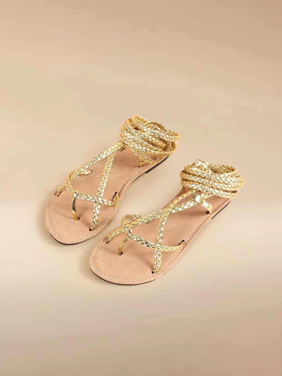 Glizzene Women's Fairy Style Criss-Cross Woven Flat Gladiator Sandals, Fashion & Comfortable Outdoor Party Open Toe Sandals - Gold - View 1