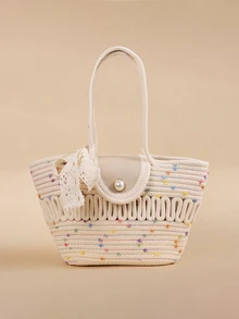Glizzene Fashionable Large Capacity Woven Straw Tote, Casual Bag With Scarf Decoration, Hollow Out Rope Design Handbag - Beige - View 1