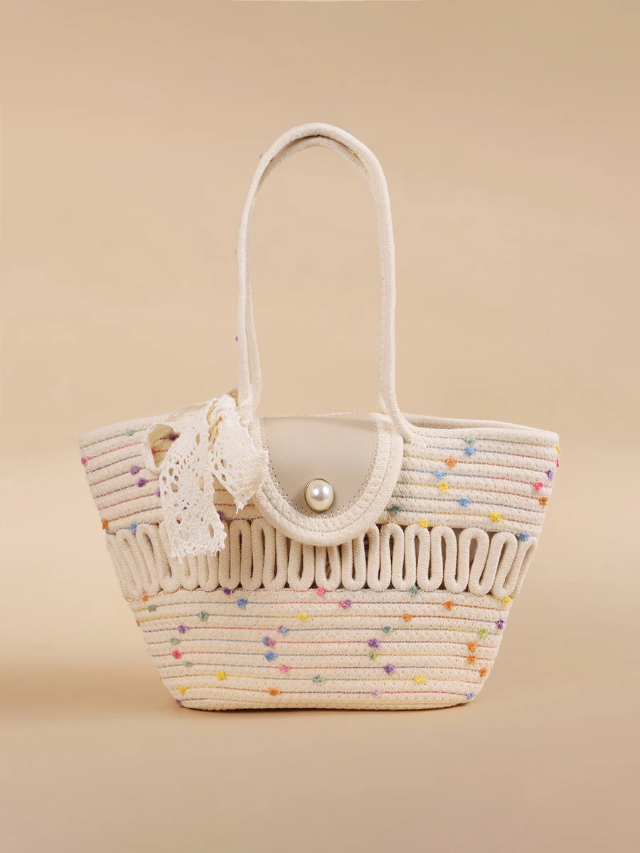 Glizzene Fashionable Large Capacity Woven Straw Tote, Casual Bag With Scarf Decoration, Hollow Out Rope Design Handbag - Beige - View 1