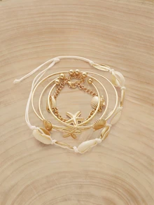 Glizzene 5pcs/Set Bohemian Starfish & Shell Bracelet & Bangle Set, Women Beach Jewelry - Yellow Gold - View 3