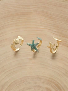 Glizzene Set de anillos con forma de estrella de mar y conchas de mar de estilo marino en azul - Vida marina - Ver 5