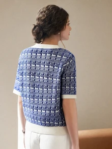 Knit Mix Elegant Women's Fashion Knit French Floral Pattern Round Neck Short Sleeve T-Shirt, Loose Fit Basic Top For Spring/Summer, Random Pattern, Suitable For Spring/Summer Back To School Season, Also Suitable For Christmas, Thanksgiving And New Year Casual Holiday Wear - Blue and White - View 3