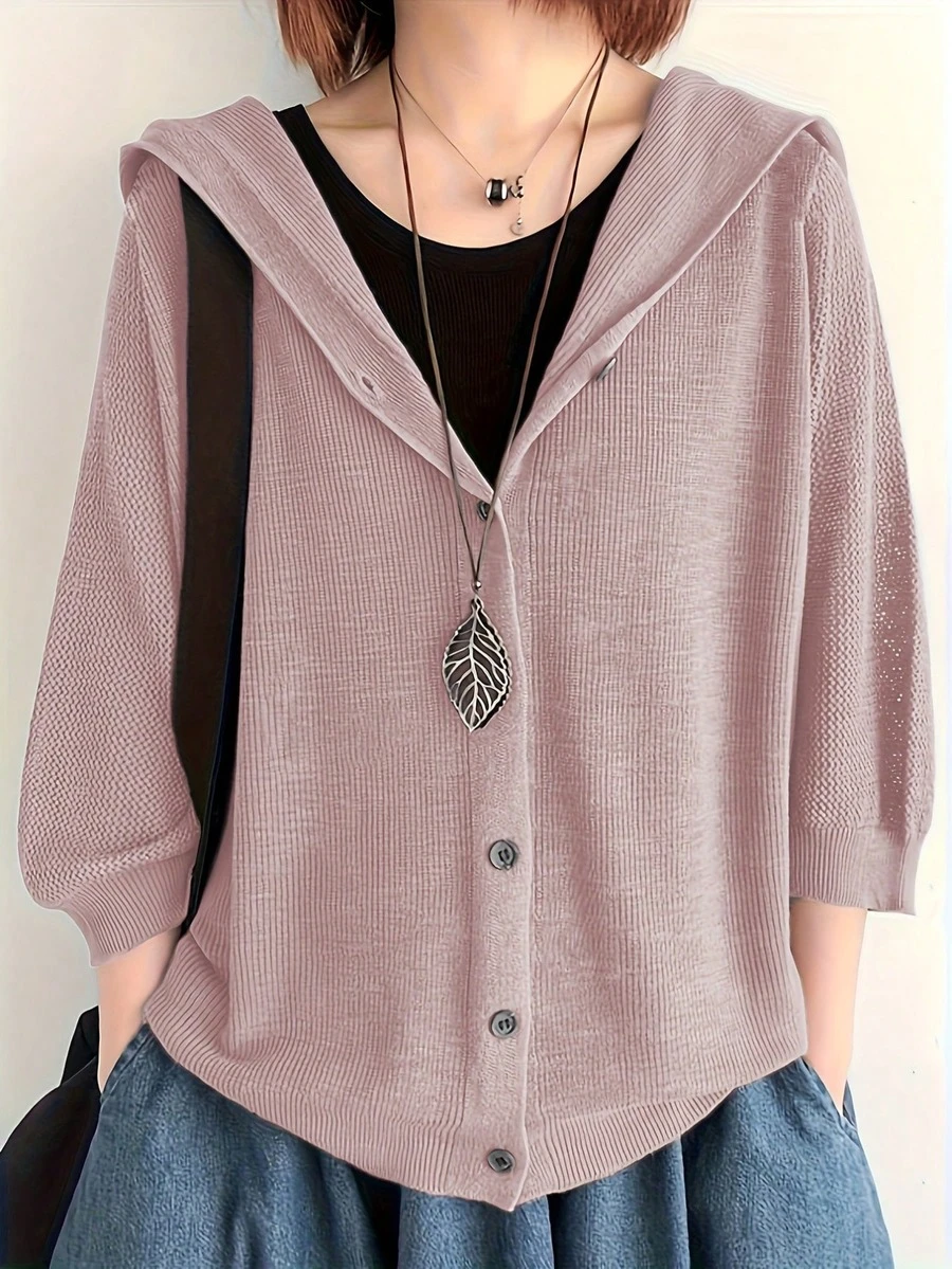 Lightweight Women's Hooded Knit Cardigan, Regular Fit 3/4 Sleeve Front Button Cardigan Sweater, Autumn Women's Clothing First Choice - Rusty Rose - View 1