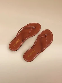 Glizzene 女士夏季露趾平底凉鞋，编织带人字拖，轻便休闲拖鞋 - 棕色 - 查看 3