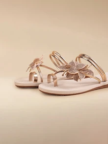 Glizzene Summer New Solid Color Ladies Flat Sandals, Slip-On Toe Comfortable Beach Style Strap Sandals - Gold - View 5