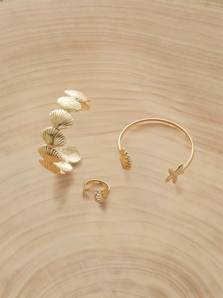 Glizzene 1 Set Fashionable Minimalist Ocean Style Starfish & Shell Adjustable Bracelet & Ring Jewelry Set, Gift For Women Holiday Travel - Yellow Gold - View 1