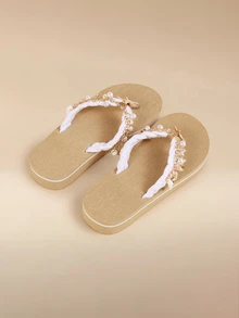Glizzene Handmade Natural Shell & Starfish Rhinestone Decorated Belt, Woven Design Casual Beach Sandals 3cm Thick Sole Contrast Color Flip Flops - Beige and White/Contrast - View 4
