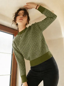 Knit Mix 女士条纹针织衫，适合秋冬季节穿着，休闲撞色长袖上衣，完美搭配春季、圣诞节、新年、情人节等各种场合，展现优雅复古风情，是返校季和秋季时尚的理想之选。 - 綠色 - 查看 1