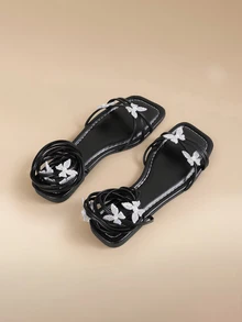 Glizzene Women's Black Rhinestone Butterfly Flat Sandals, Square Toe Crossed Thin Straps Fashionable Sandals With Ties - Black - View 4