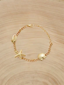 Glizzene 5pcs/Set Bohemian Starfish & Shell Bracelet & Bangle Set, Women Beach Jewelry - Yellow Gold - View 1