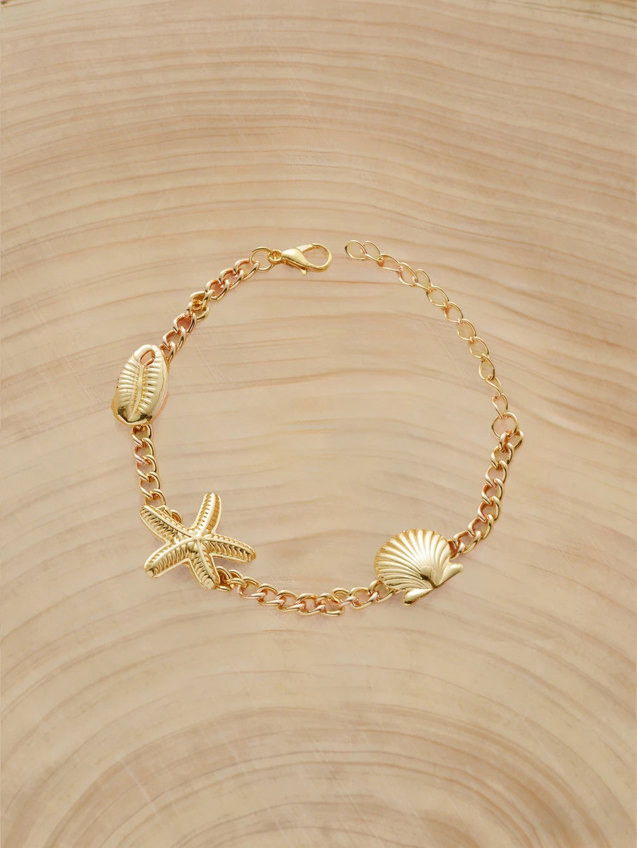 Glizzene 5pcs/Set Bohemian Starfish & Shell Bracelet & Bangle Set, Women Beach Jewelry - Yellow Gold - View 1