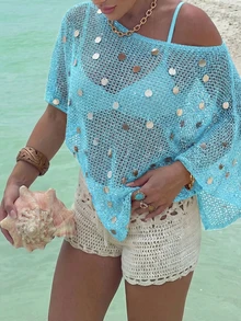 Top de punto de verano para mujer, estilo casual, color verde oscuro liso, hombros holgados, estilo bohemio, adecuado para playa y vacaciones - Azul 3 - Ver 2