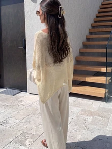 New Spring/Summer Women's Beige Loose Lightweight Sun Protection Cape Sleeve Knit Top, Suitable For Outings, Dates, Beach - Light Apricot - View 9