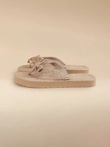 Glizzene Women Khaki Bow Decor Flip Flops, Toe Post Slippers For Vacation,Beach Outfits - Khaki - View 4