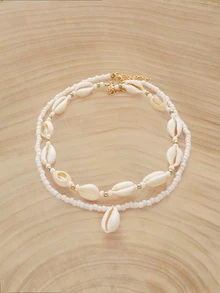 Glizzene 2 piezas Collar multicapa bohemio con cuentas y colgante de concha para mujeres - Blanco - Ver 1