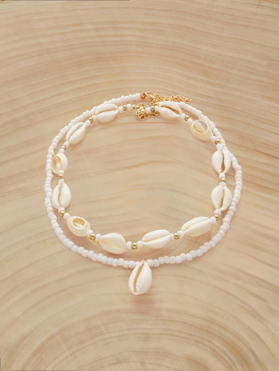 Glizzene 2 piezas Collar multicapa bohemio con cuentas y colgante de concha para mujeres - Blanco - Ver 1