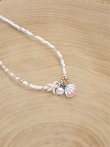 Glizzene 1 pieza Collar con cuentas de concha rosa, estrella de mar y concha marina - Blanco - Ver 5