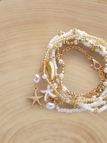 Glizzene 6pcs/Set Bohemian Shell & Bead Bracelet With Starfish Pendant, Women Bracelet (Beads Are Randomly Placed) - Multicolor - View 2